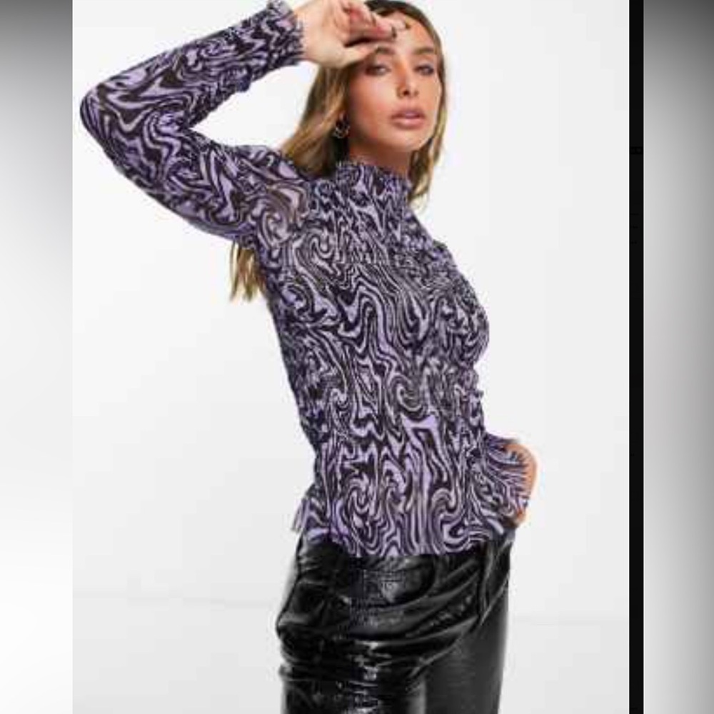NWT/NIB- RIVER ISLAND -SZ-12US HIGH NECK PURPLE PRINT MESH TOP LONG SLEEVE